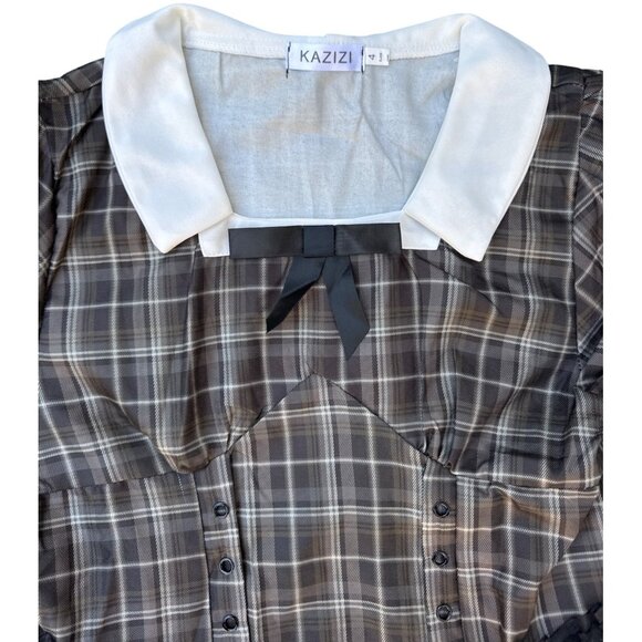 Vintage Style Plaid Dress Gothic Victorian Puff Sleeves White Collar Black Bow R - Picture 4 of 10